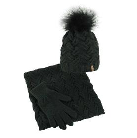 Schwarzes Set aus Wintermütze, Schal und Handschuhen für Damen